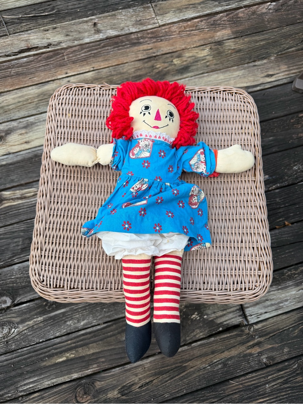 Vintage Raggedy Ann Doll Large Handmade Cloth Doll Red Yarn Hair Blue Dress